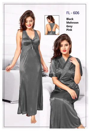 2 Pcs FL-606 - Grey Flourish Exclusive Bridal Nighty Set Collection