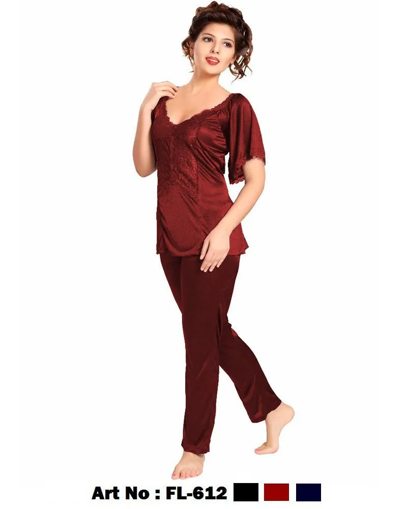 2 Pcs FL-612 - Maroon Flourish Exclusive Bridal Nighty Set Collection