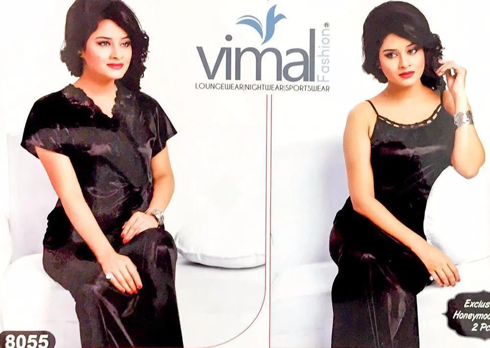 2 Pcs Wedding Nighty Set with Gown - V8055 - Black Satin Silk Nighty by Vimal Fashion