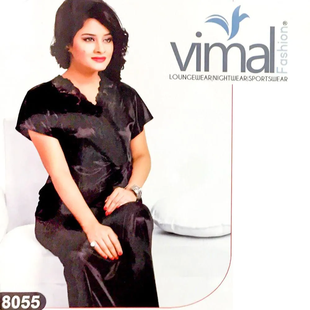 2 Pcs Wedding Nighty Set with Gown - V8055 - Black Satin Silk Nighty by Vimal Fashion