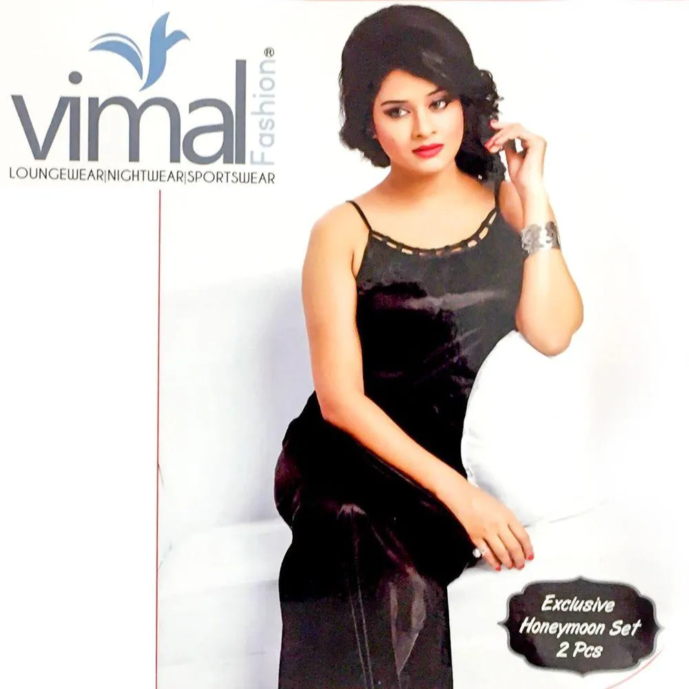 2 Pcs Wedding Nighty Set with Gown - V8055 - Black Satin Silk Nighty by Vimal Fashion