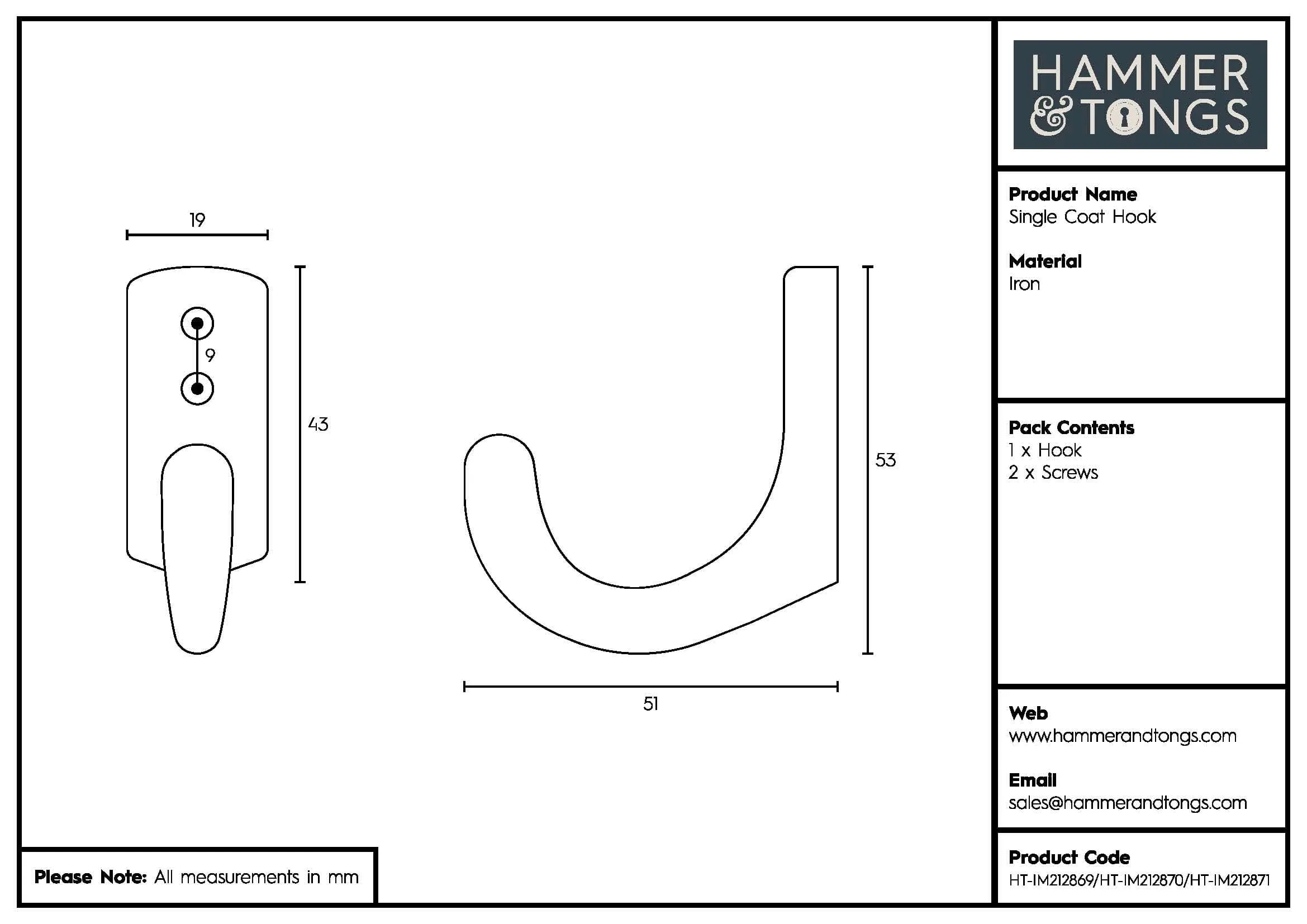 20mm x 55mm Single Coat Hook - By Hammer & Tongs