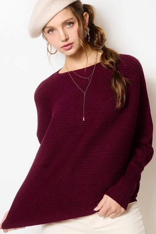 AALIYAH RIBBED BOAT NECKLINE BUBBLE SLEEVE SWEATER TOP