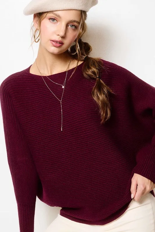 AALIYAH RIBBED BOAT NECKLINE BUBBLE SLEEVE SWEATER TOP