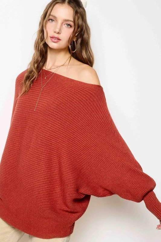 AALIYAH RIBBED BOAT NECKLINE BUBBLE SLEEVE SWEATER TOP