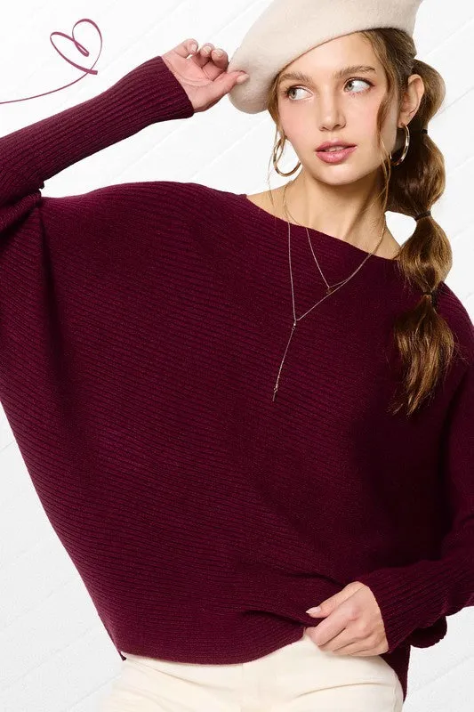 AALIYAH RIBBED BOAT NECKLINE BUBBLE SLEEVE SWEATER TOP