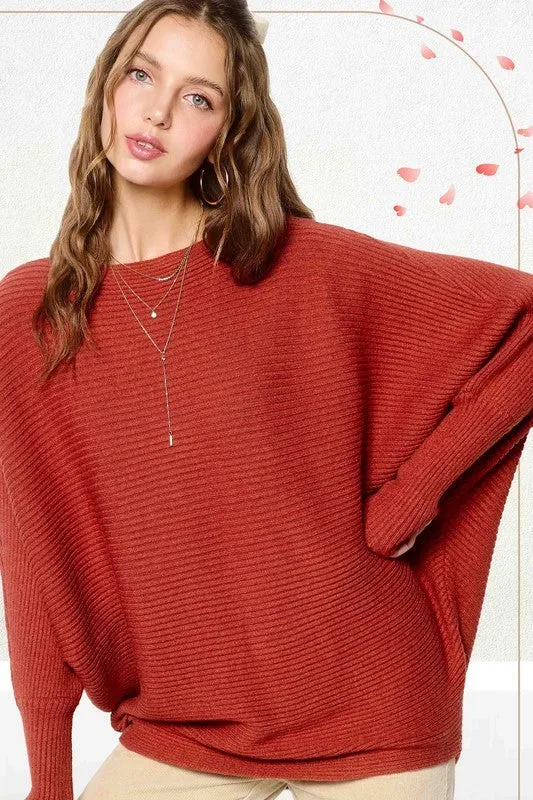 AALIYAH RIBBED BOAT NECKLINE BUBBLE SLEEVE SWEATER TOP