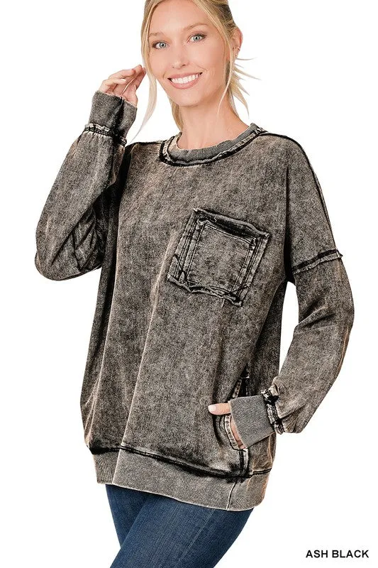 Acid Wash French Terry Pullover Sweatshirt - Final Sale