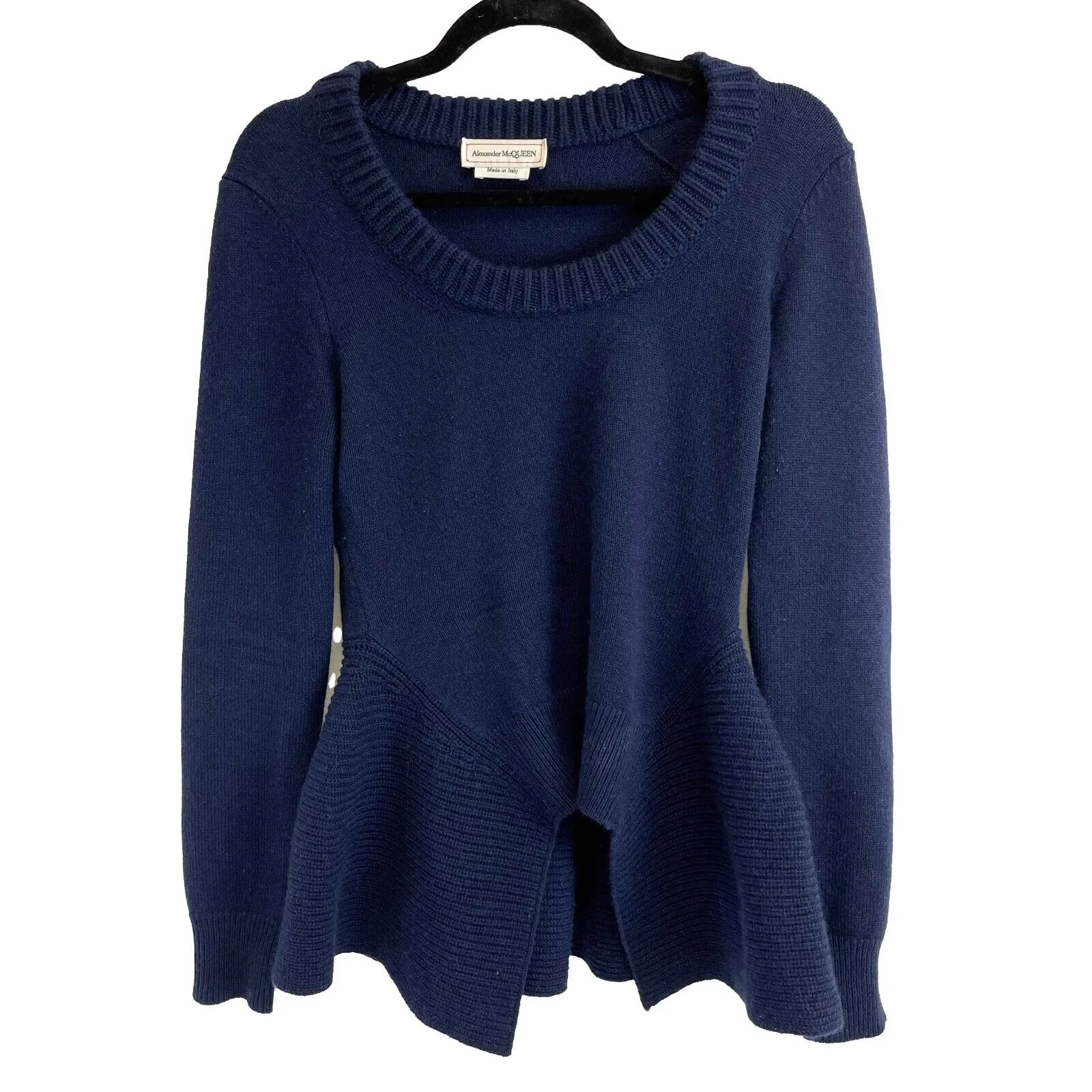 Alexander McQueen -Navy knit peplum Crew Neck Sweater - Navy Blue - Size S