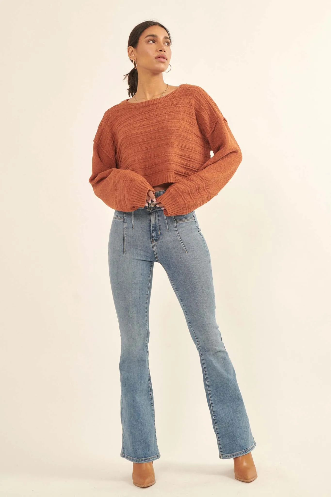 Amazingly You Textured-Stripe Cropped Sweater