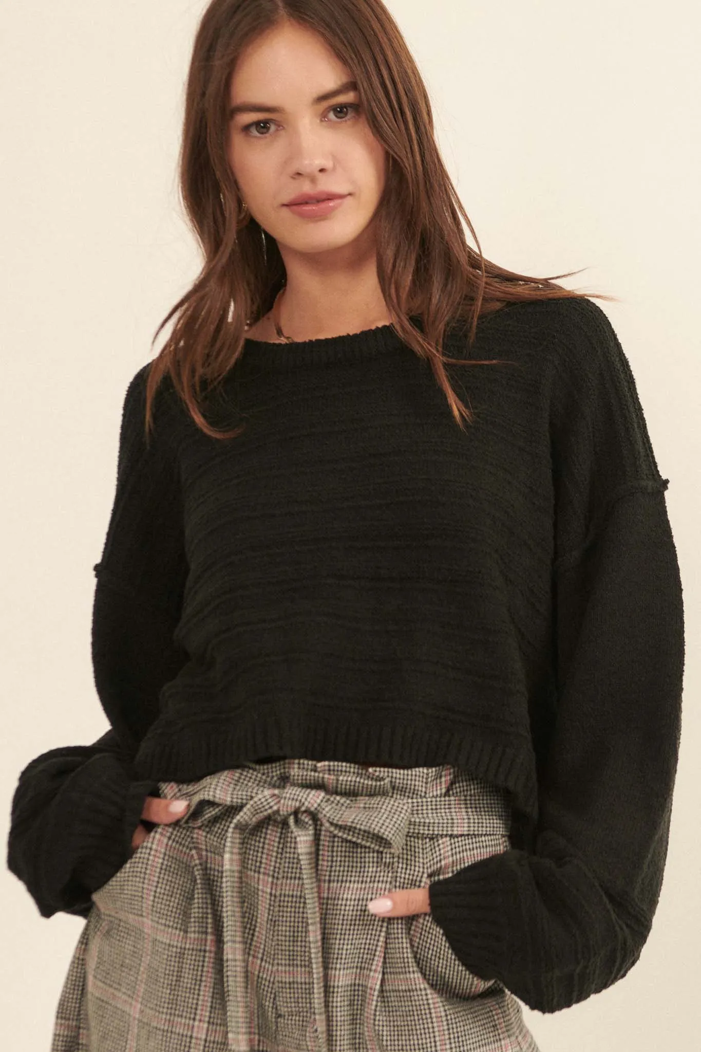 Amazingly You Textured-Stripe Cropped Sweater