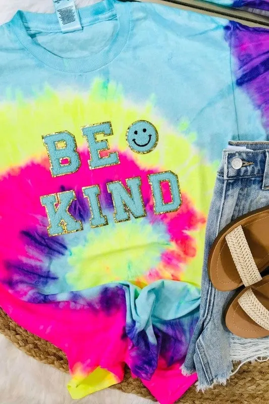 Be Kind Happy Chenille Patch Tie Dye Tee