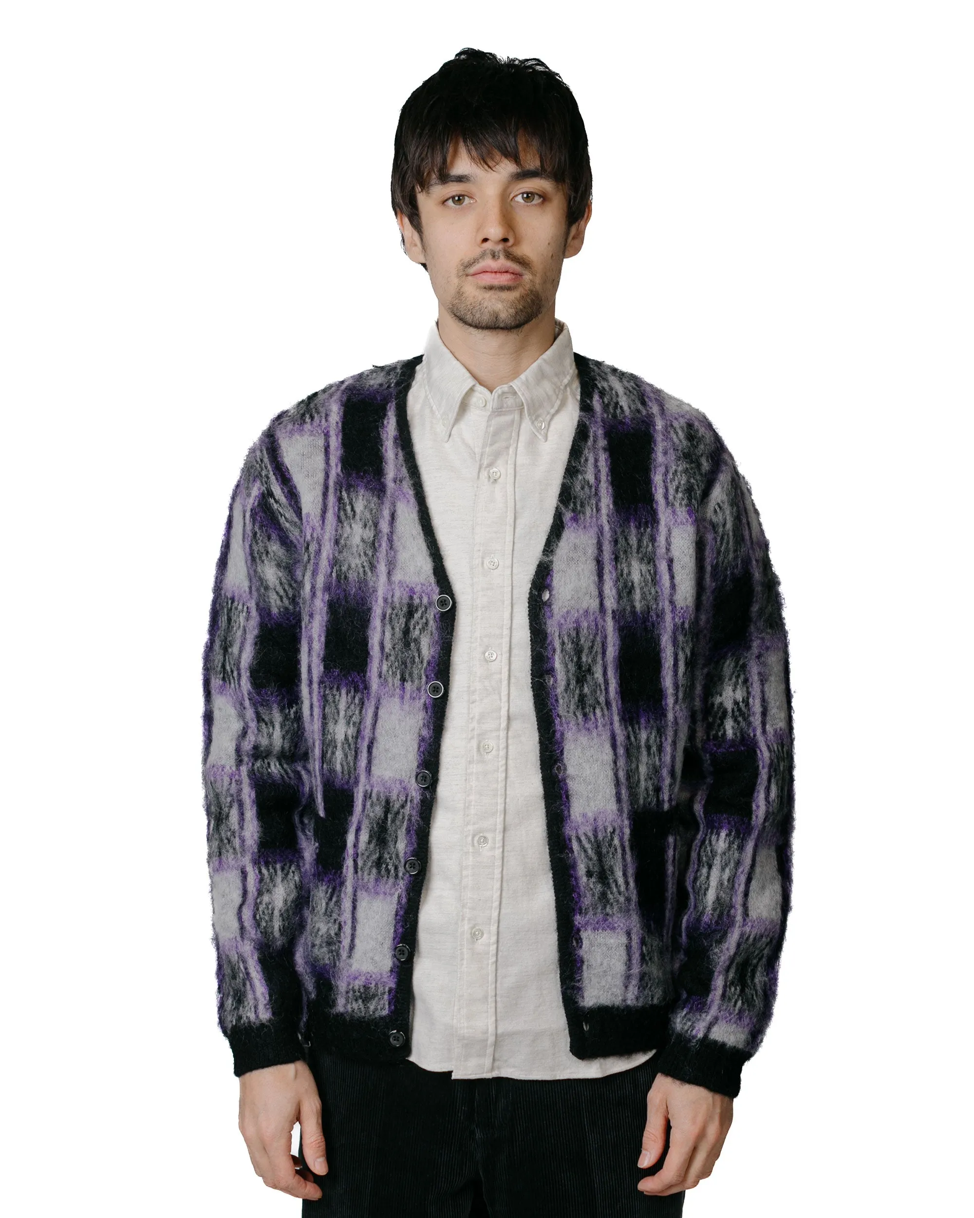 Beams Plus Cardigan Double Jacquard Check Pattern Black