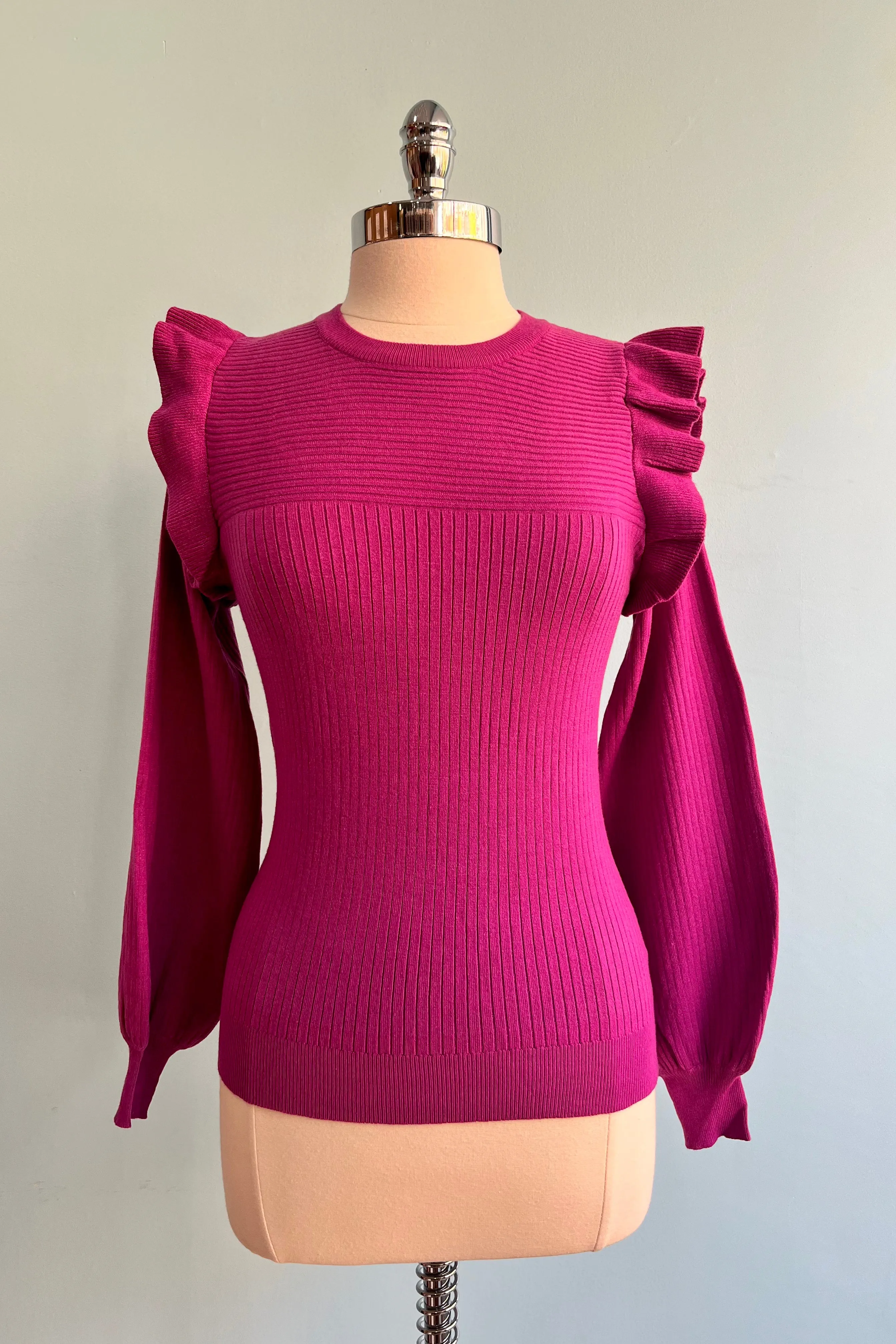 Berry Shoulder Ruffle Crewneck Sweater