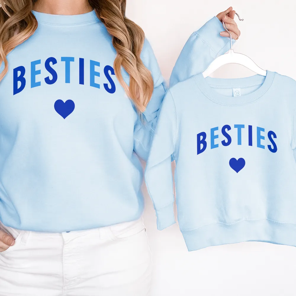 Besties Love Hearts Mum & Kid Matching Blue Sweatshirts