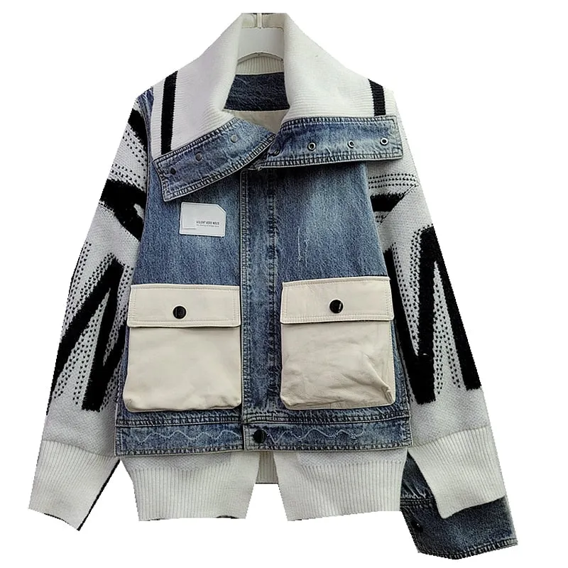 Black   White Denim Patch Jacket