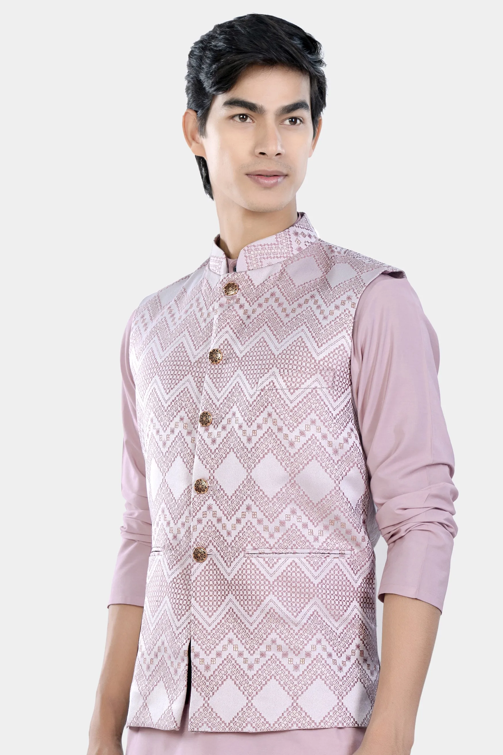 Blossom Pink Chevron Thread Embroidered Designer Nehru Jacket