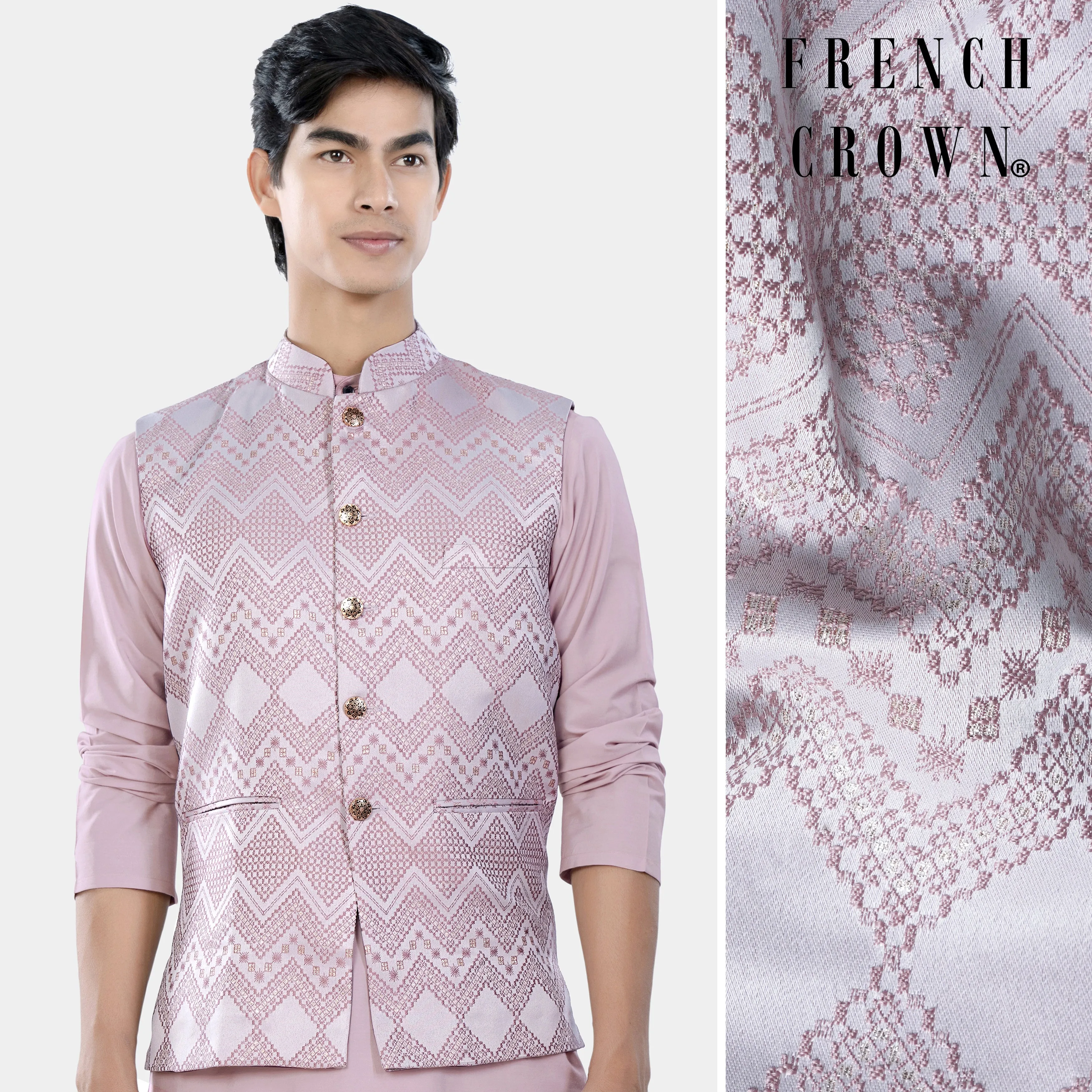 Blossom Pink Chevron Thread Embroidered Designer Nehru Jacket