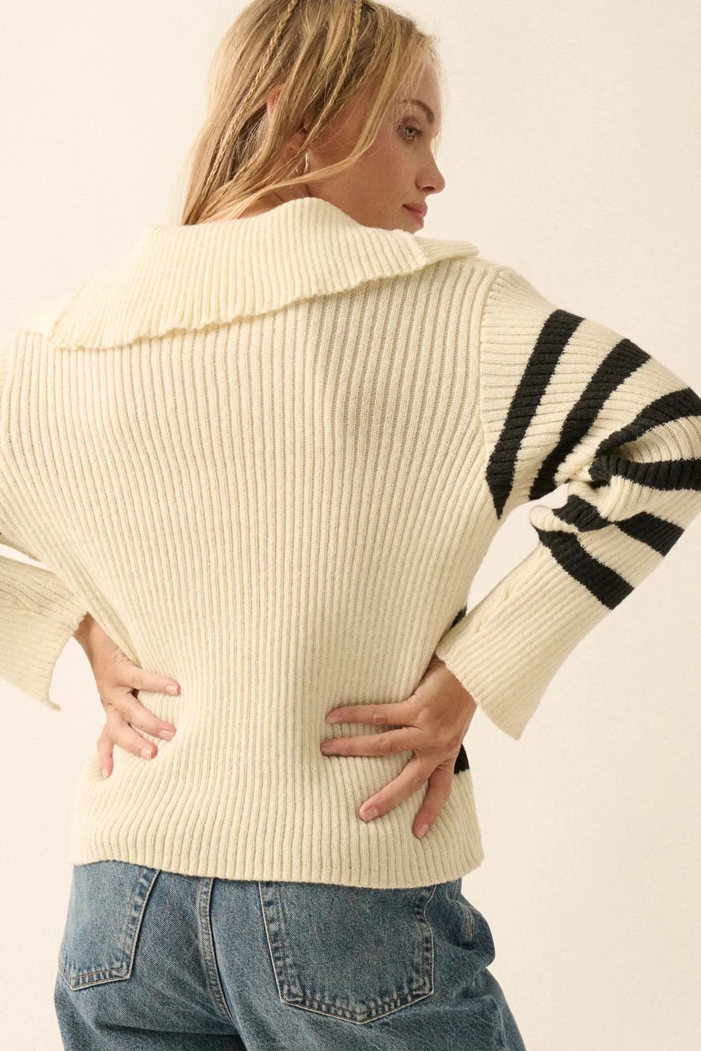 Breton Beach Striped Rib-Knit Collared Sweater