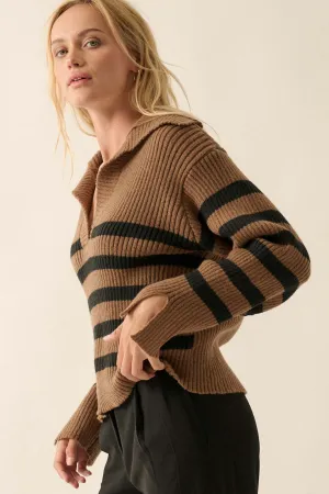 Breton Beach Striped Rib-Knit Collared Sweater