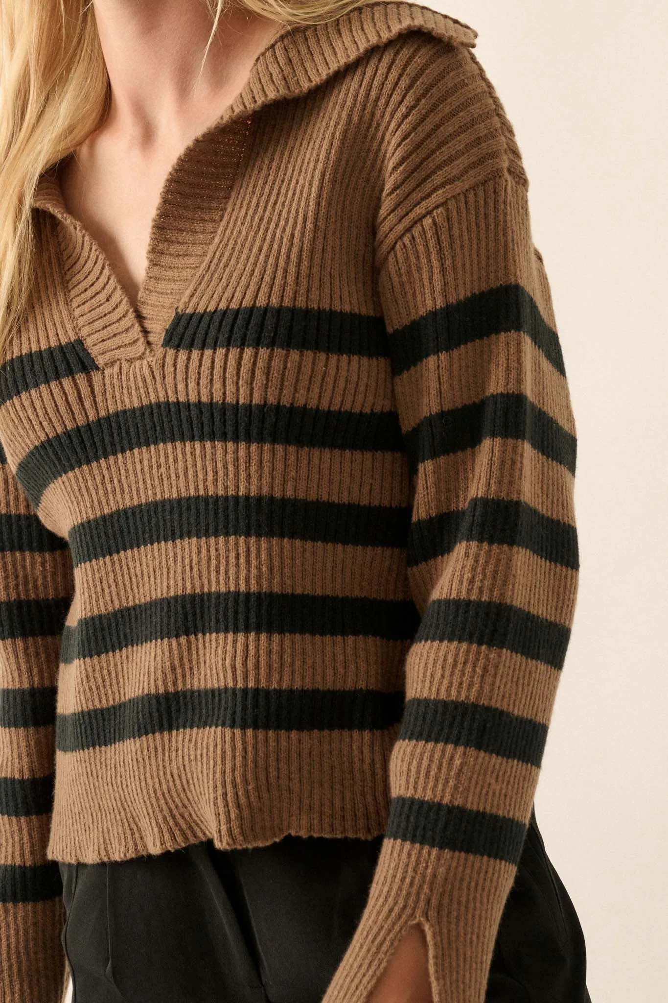 Breton Beach Striped Rib-Knit Collared Sweater