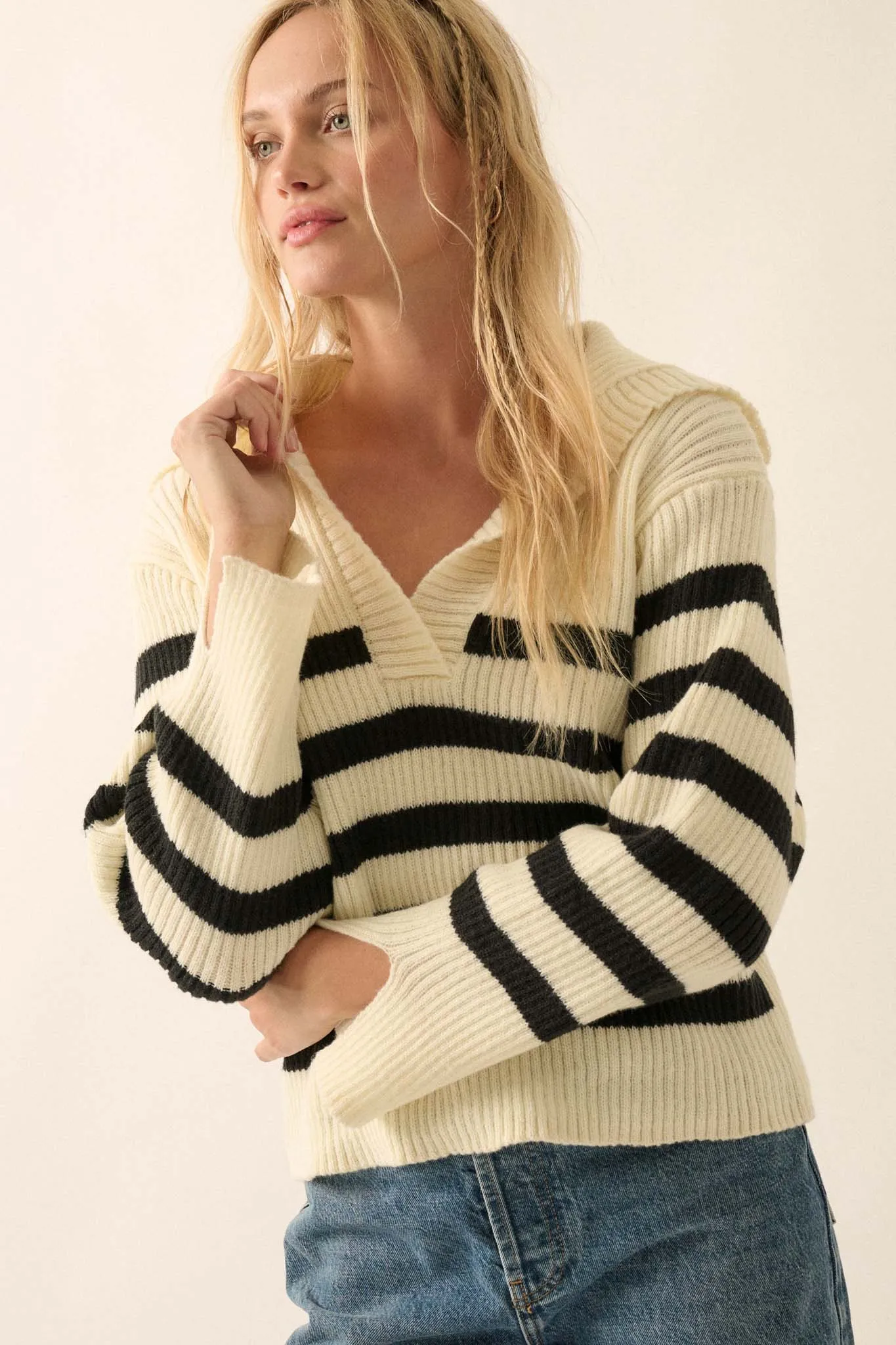 Breton Beach Striped Rib-Knit Collared Sweater