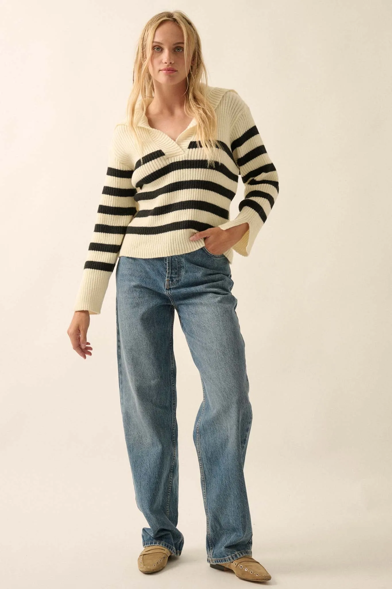 Breton Beach Striped Rib-Knit Collared Sweater