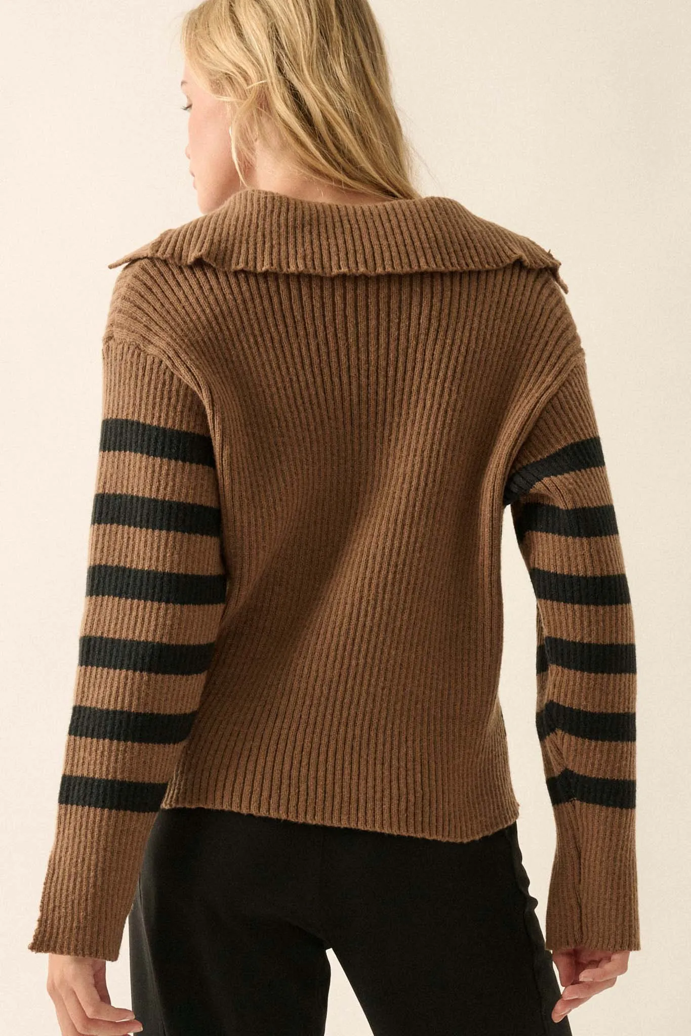 Breton Beach Striped Rib-Knit Collared Sweater