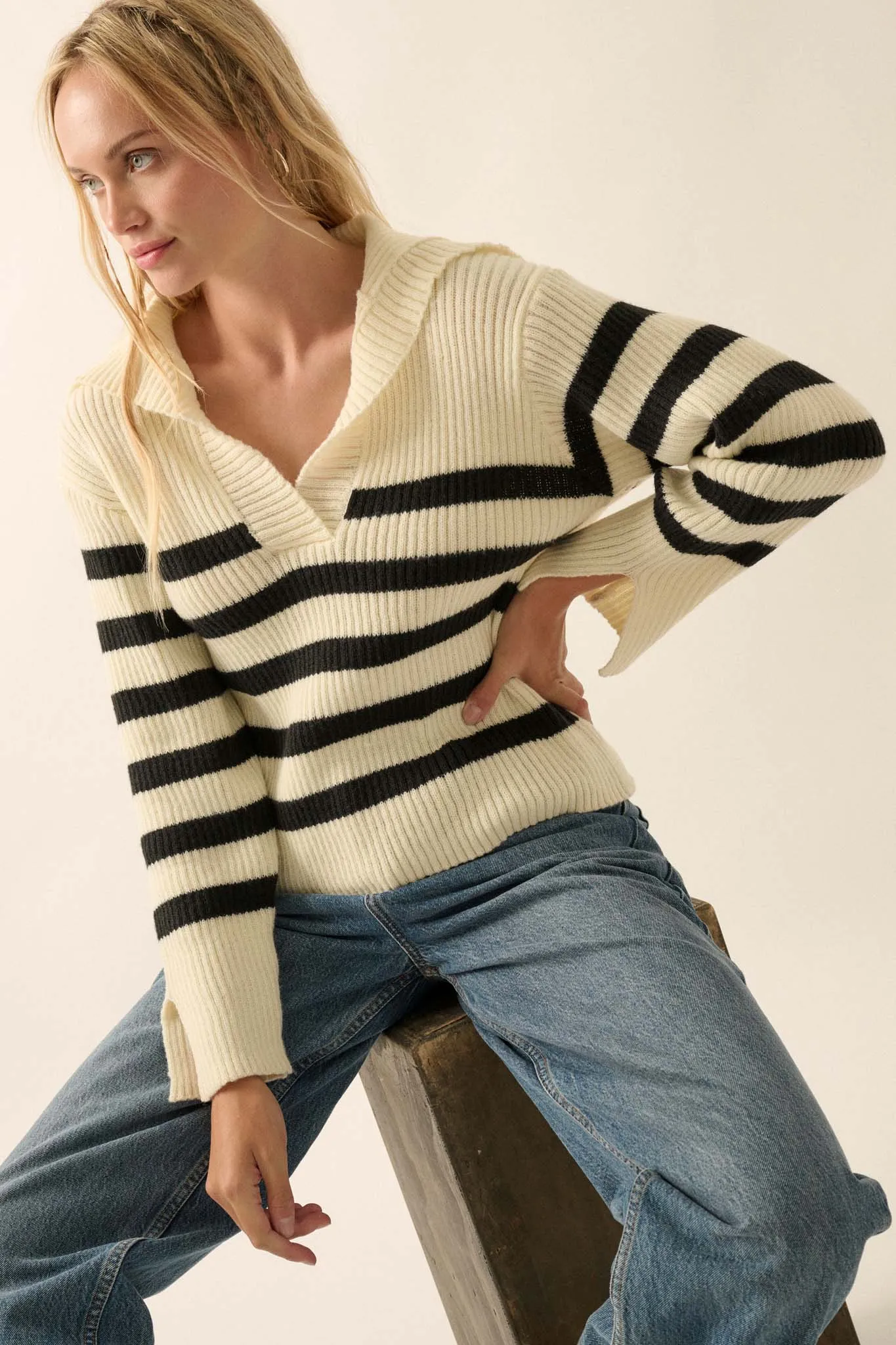 Breton Beach Striped Rib-Knit Collared Sweater