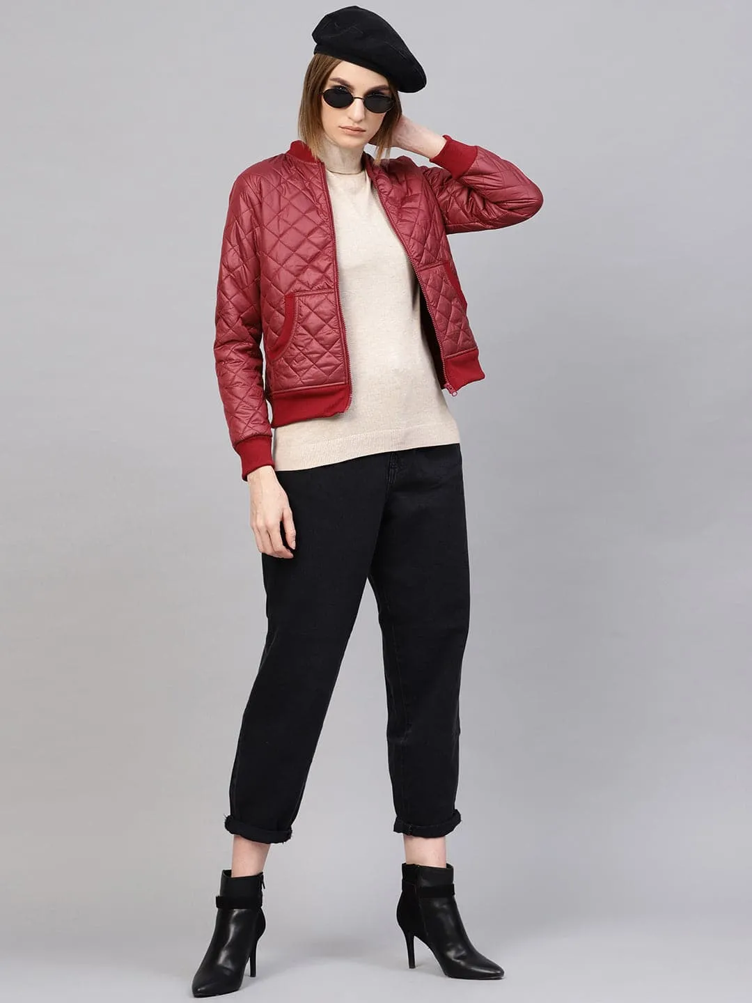 Burgundy Quilted Bomber Jacket