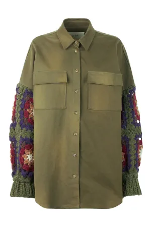 Canvas Overshirt With Crochet Sleeves