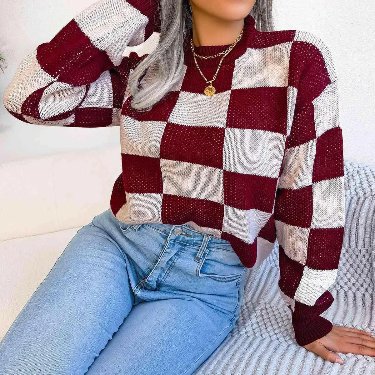 Checkered Drop Shoulder Sweater