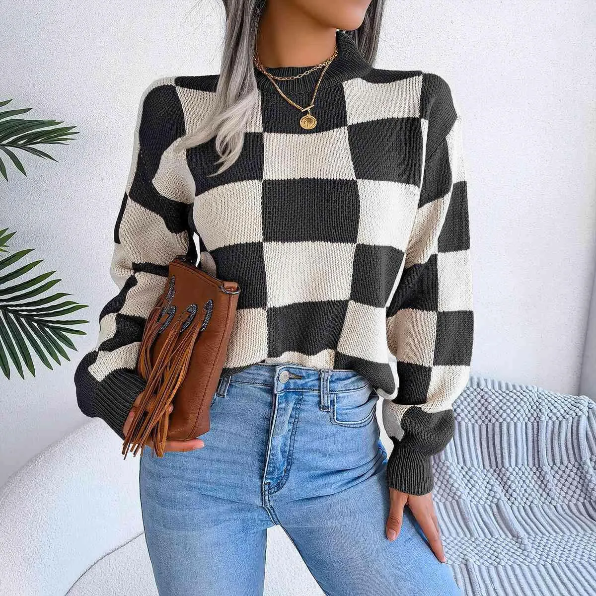 Checkered Drop Shoulder Sweater