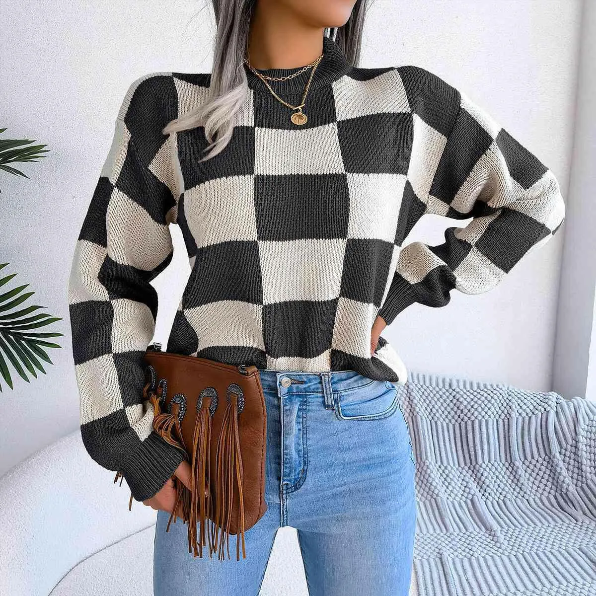 Checkered Drop Shoulder Sweater