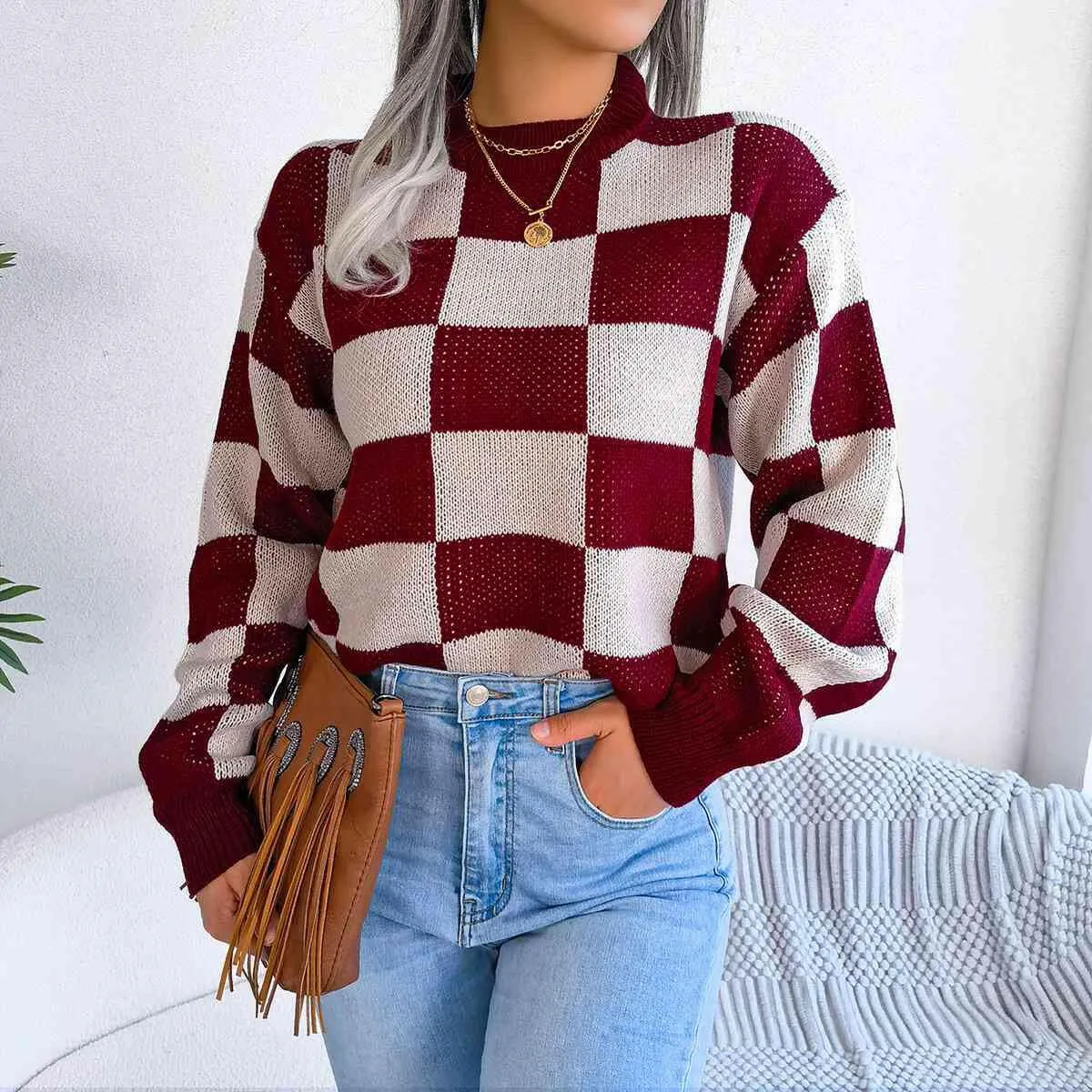 Checkered Drop Shoulder Sweater