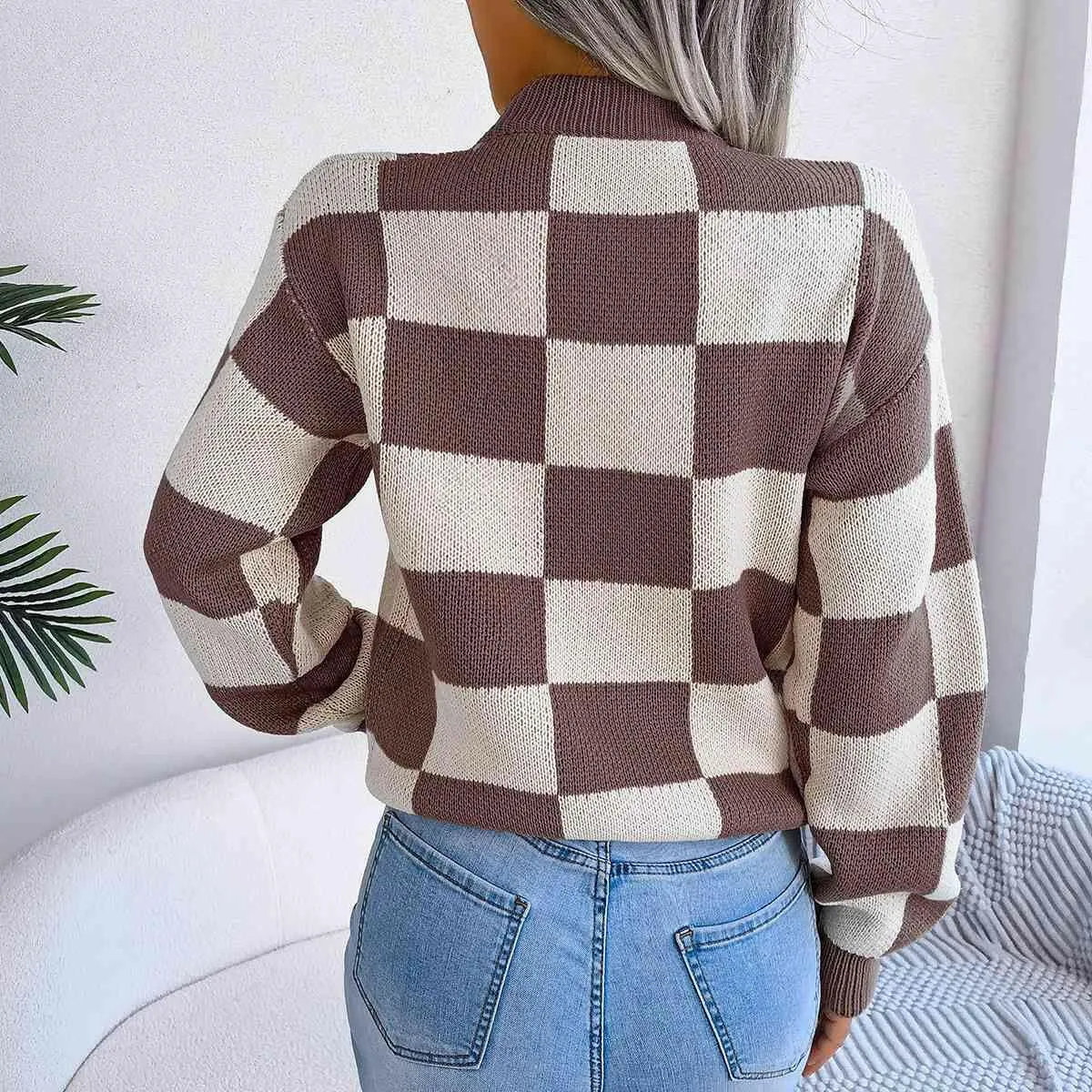 Checkered Drop Shoulder Sweater