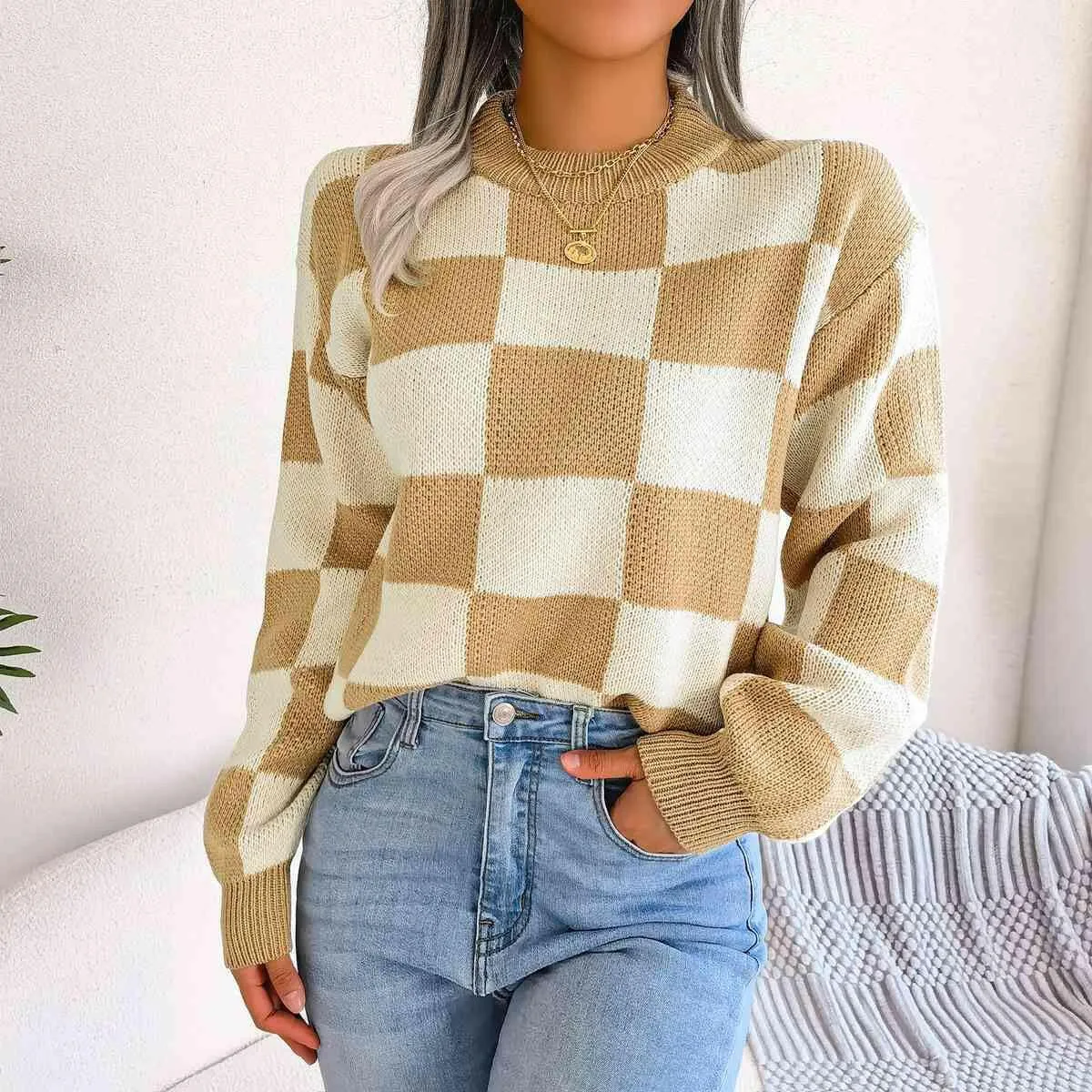 Checkered Drop Shoulder Sweater