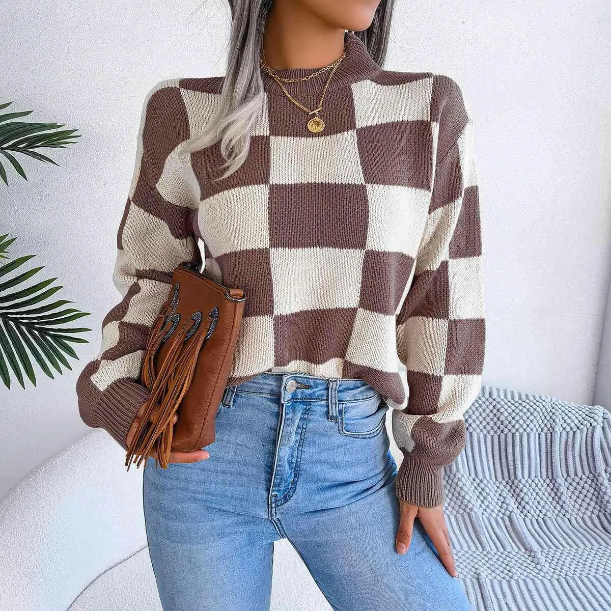 Checkered Drop Shoulder Sweater