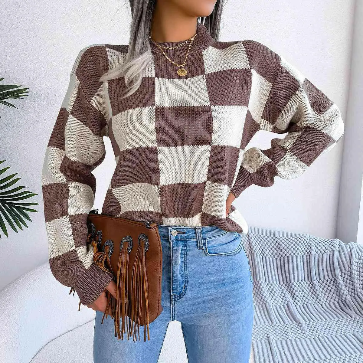 Checkered Drop Shoulder Sweater