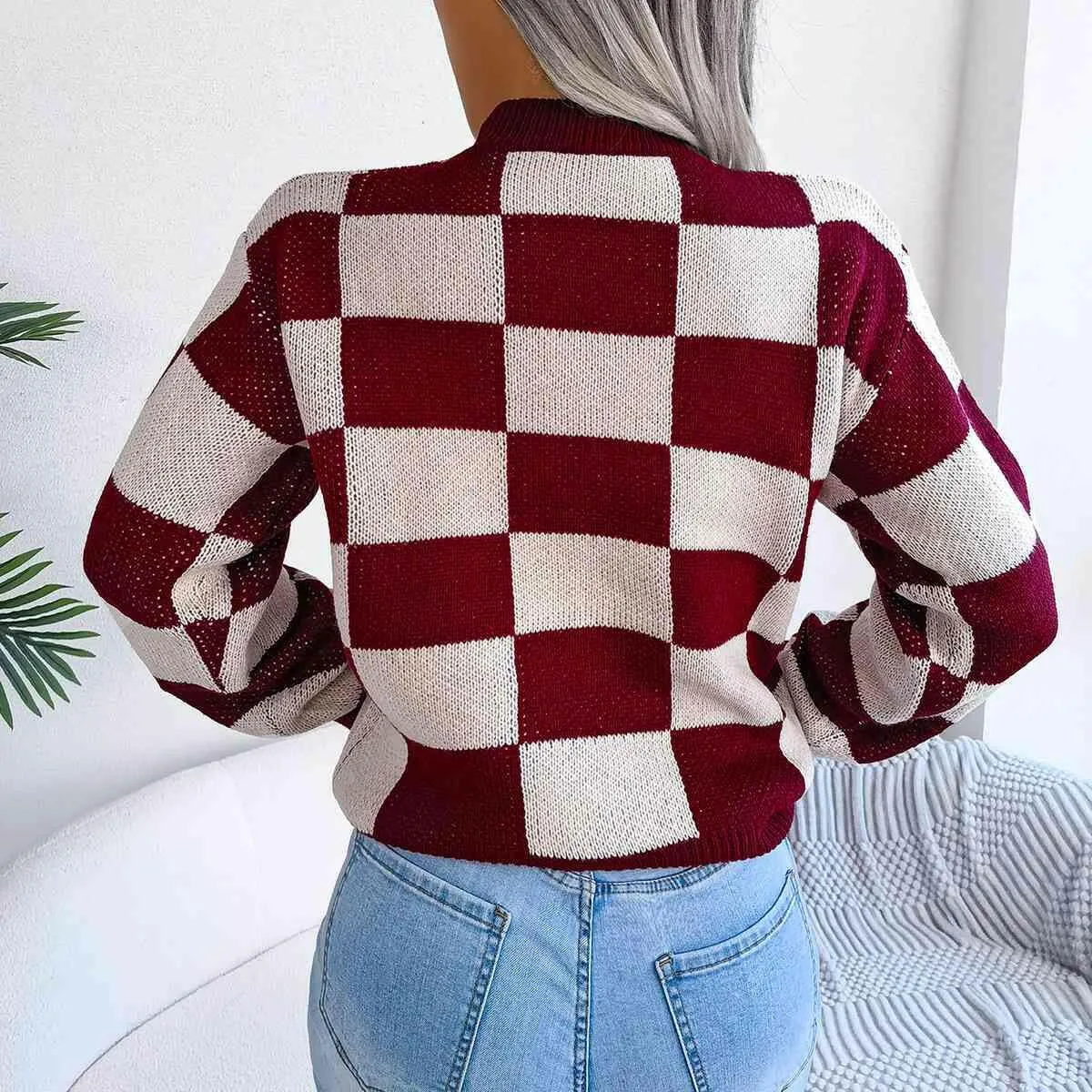 Checkered Drop Shoulder Sweater