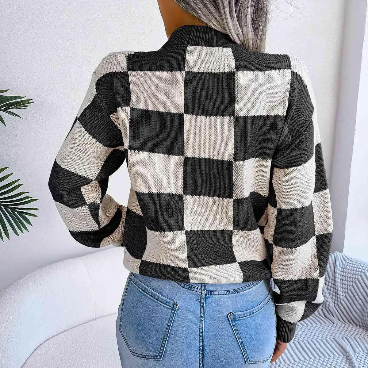 Checkered Drop Shoulder Sweater