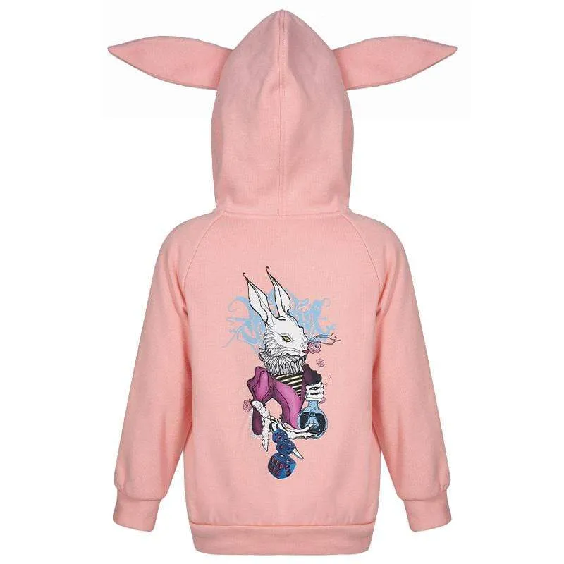 Children's Gothic Bunny Printed Coats With Rabbit Ear Hood