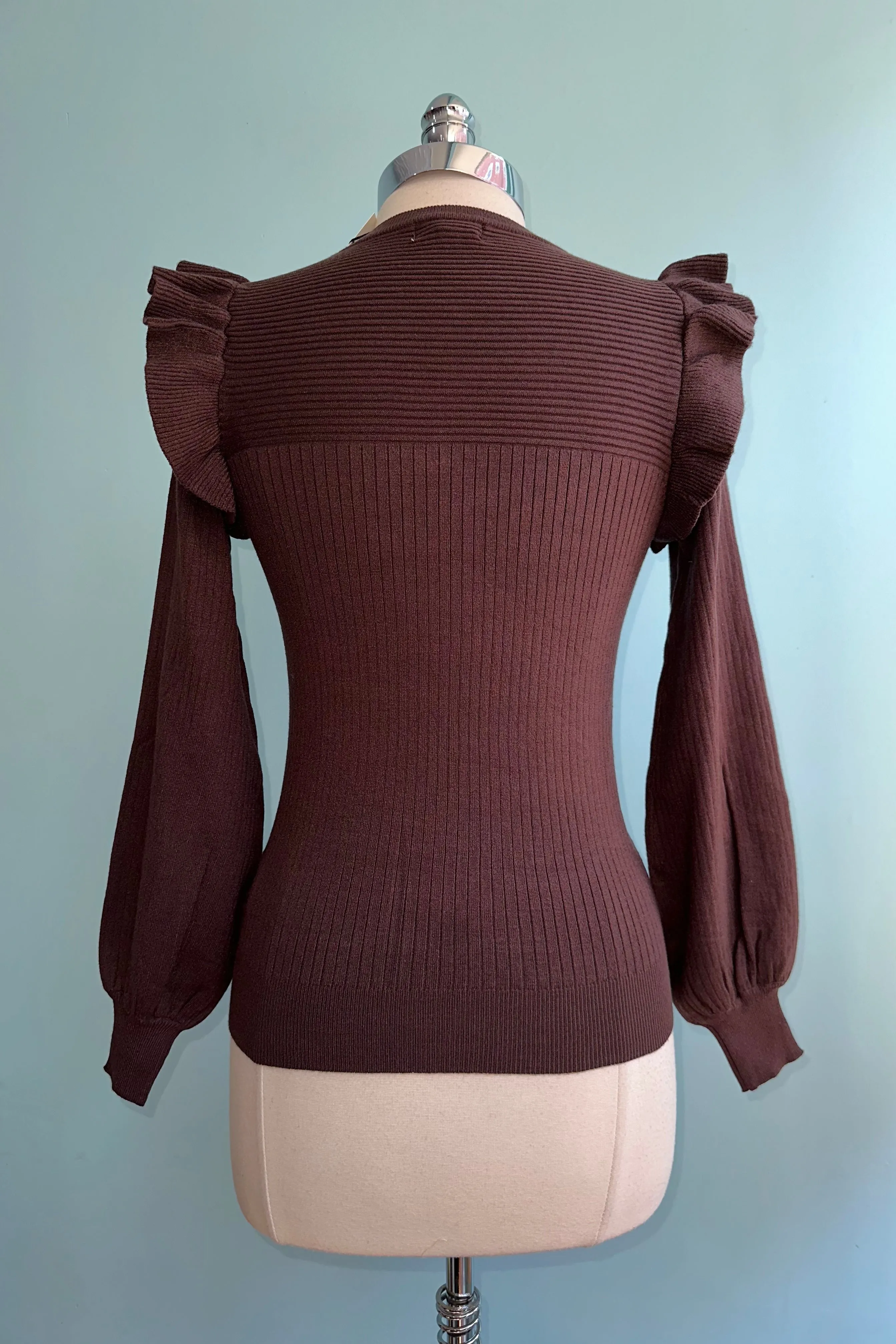 Chocolate Shoulder Ruffle Crewneck Sweater