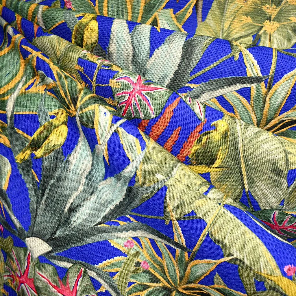 Designer Tropical Leaves Linen Blend Royal/Multi