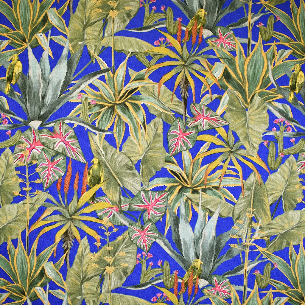 Designer Tropical Leaves Linen Blend Royal/Multi