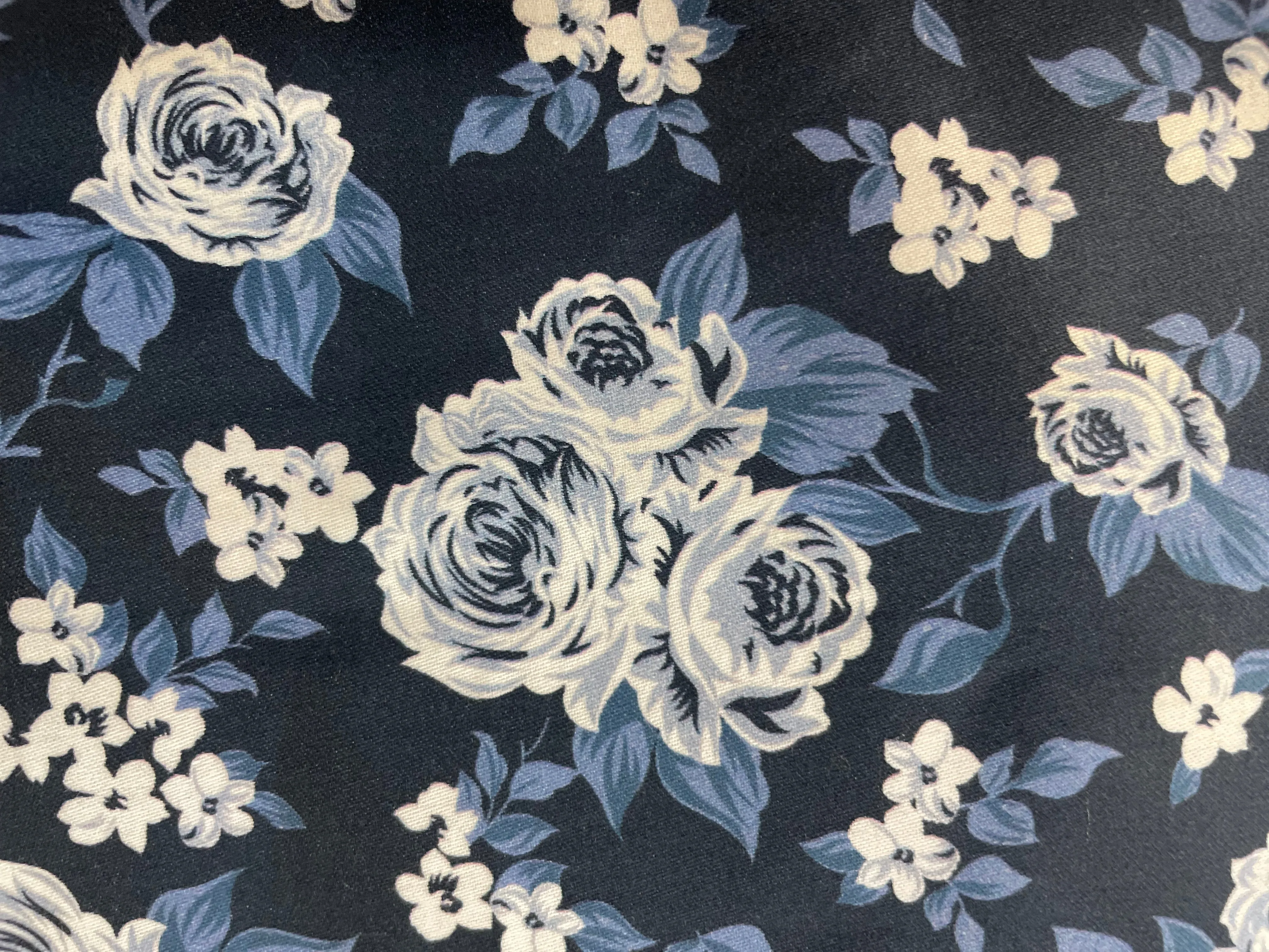 Floral Print Cotton Calico Satin Finish - Blue, Black & White