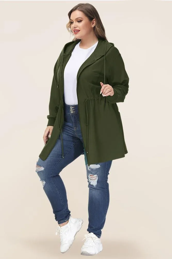 HN Drawstring Waist Coat Long Sleeve Zip-up Hooded Coat