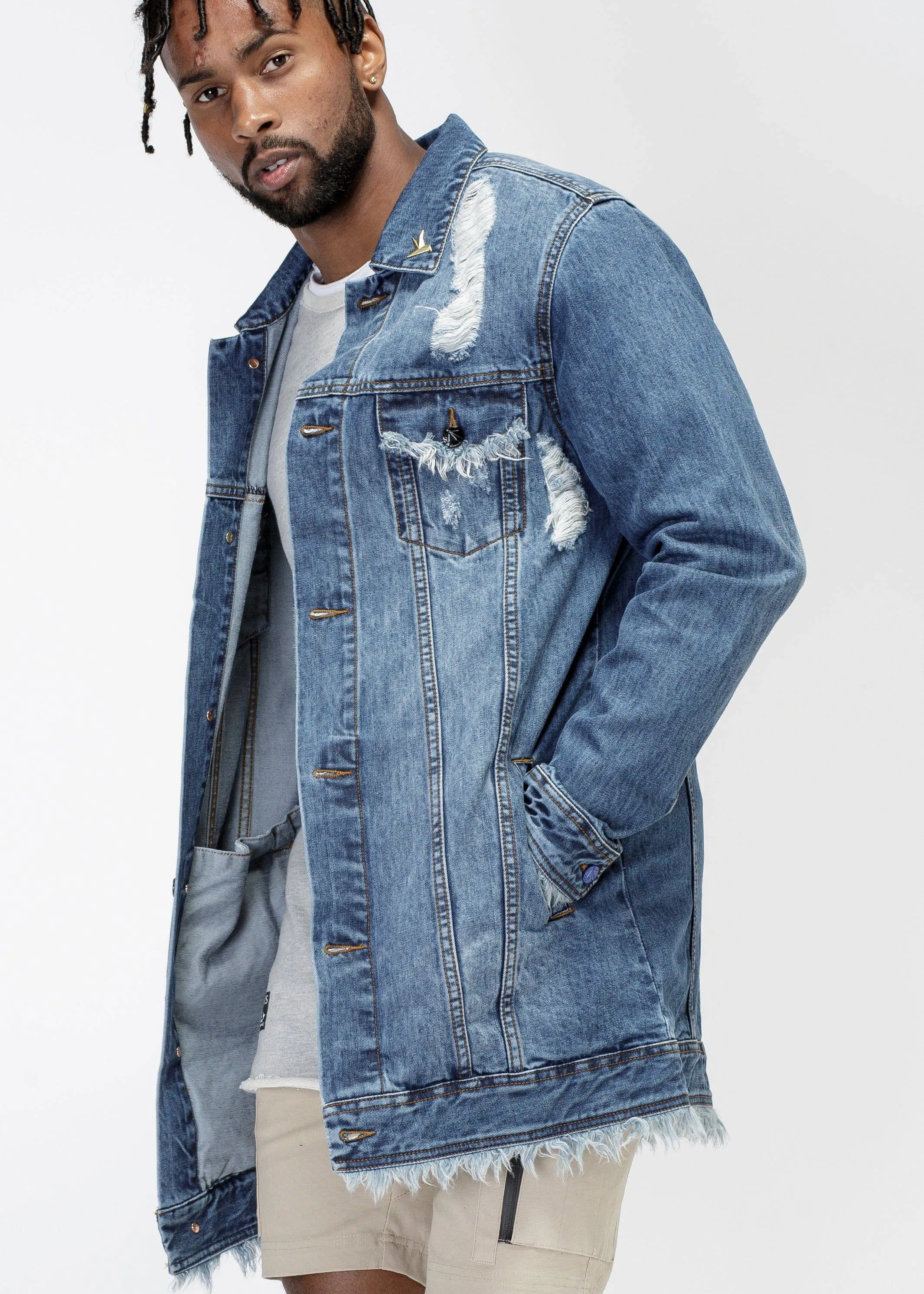 Konus Men's Frayed Long Denim Jacket