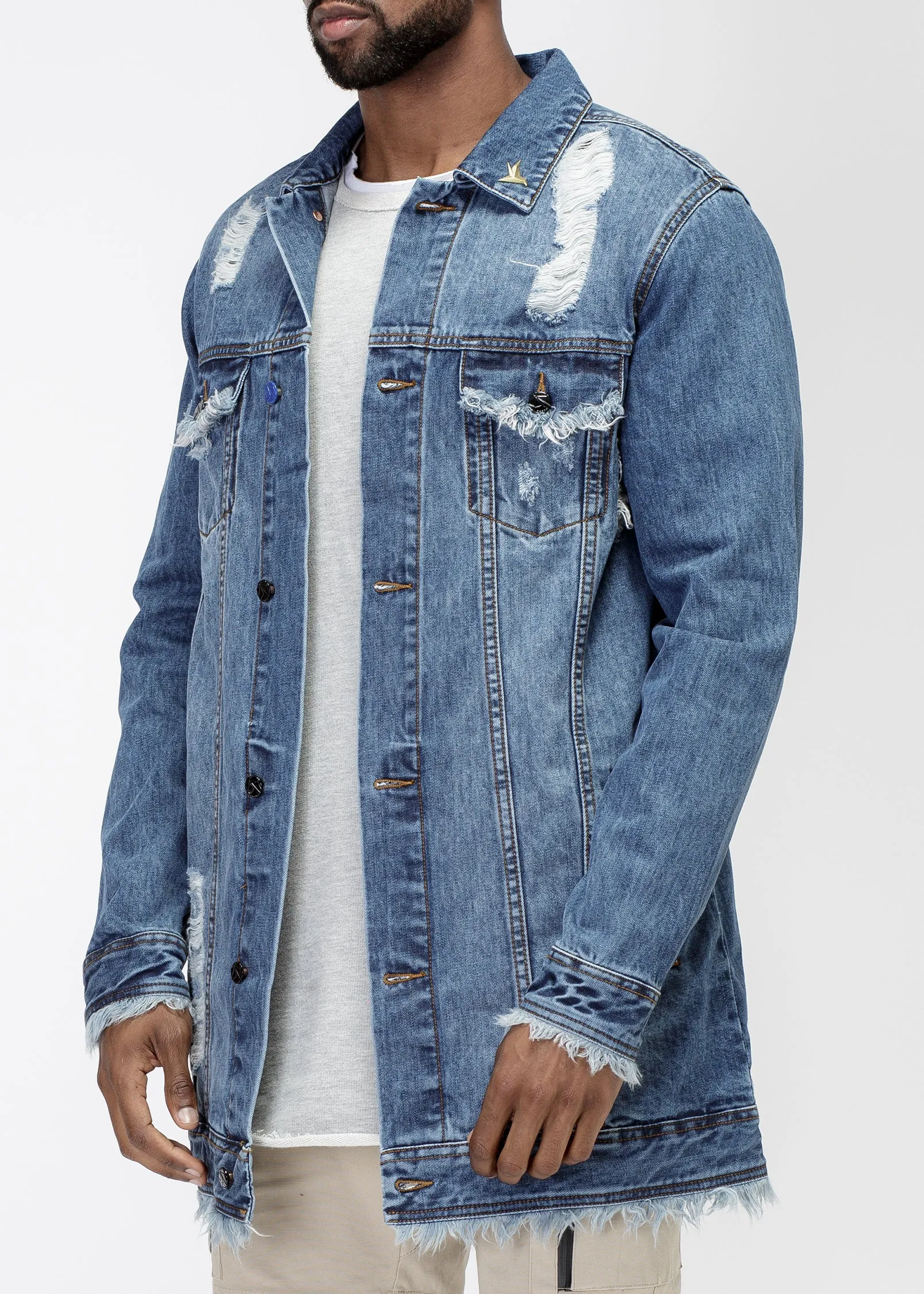 Konus Men's Frayed Long Denim Jacket