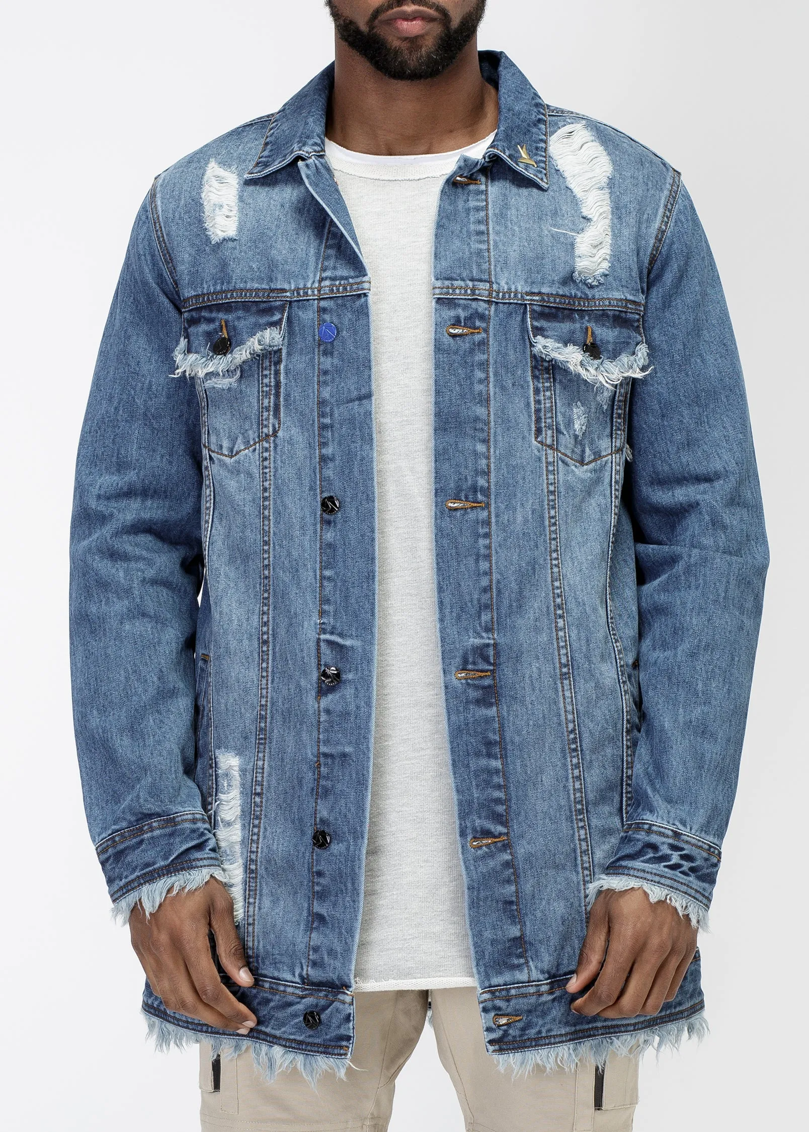 Konus Men's Frayed Long Denim Jacket